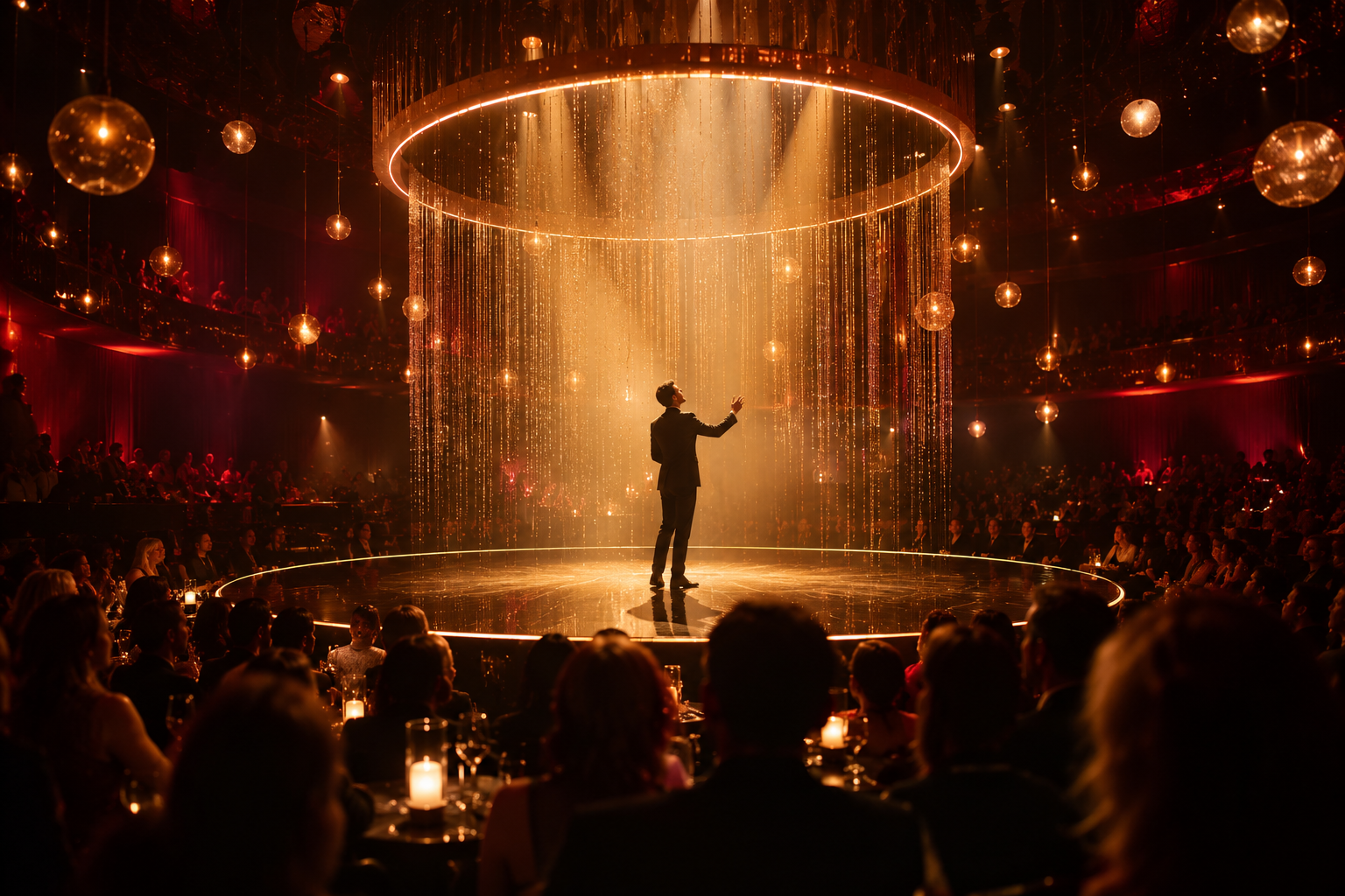Immersive circular stage surrounded by golden lights