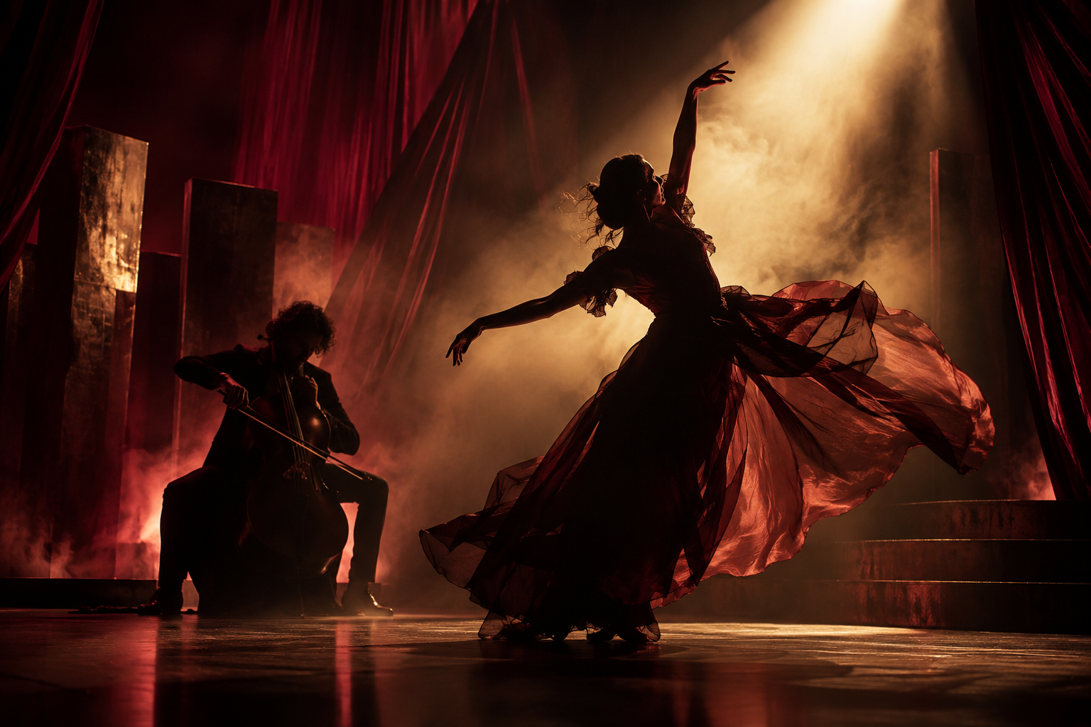 Anonymous performers moving beneath a golden spotlight